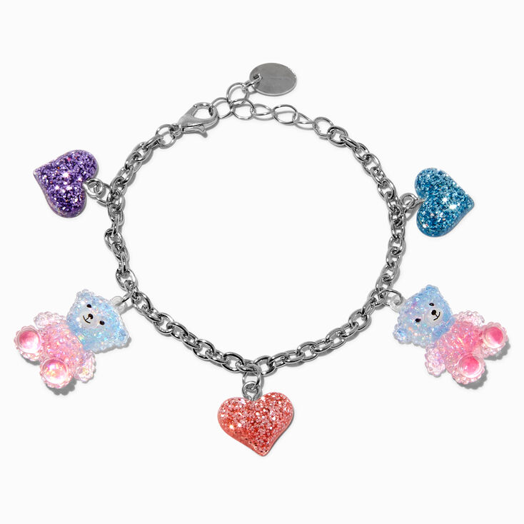 Bear &amp; Glitter Heart Silver-tone Charm Bracelet,