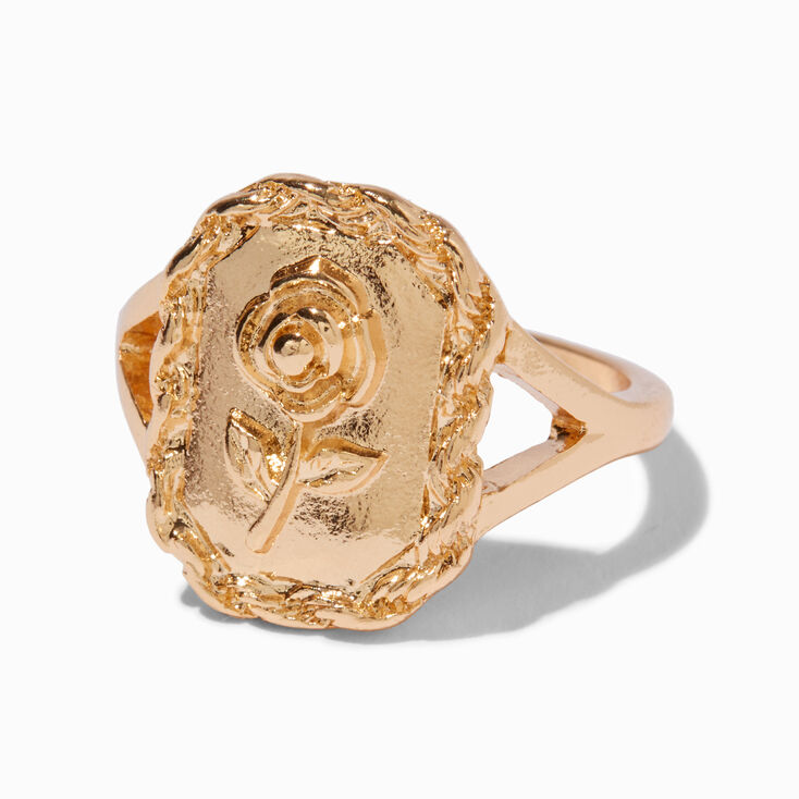 Gold-tone Rose Stamped Signet Ring,