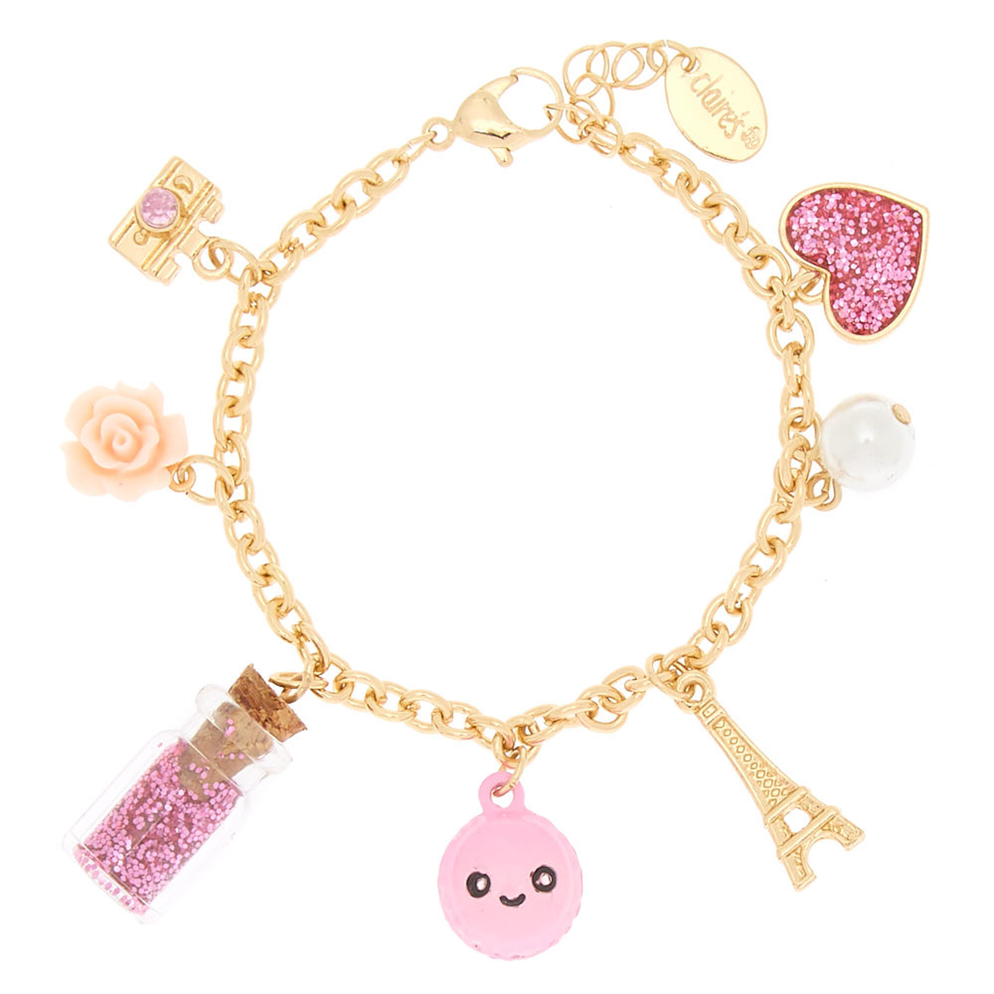 Bracelet Couleur Dore A Breloques Roses Motif Paris Claire S Fr