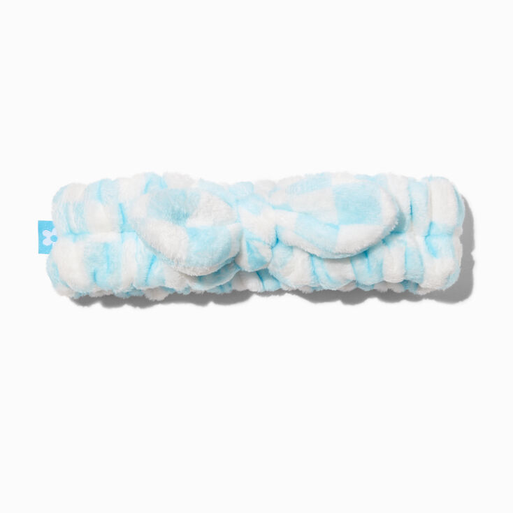 Blue Checkered Furry Makeup Bow Headwrap,