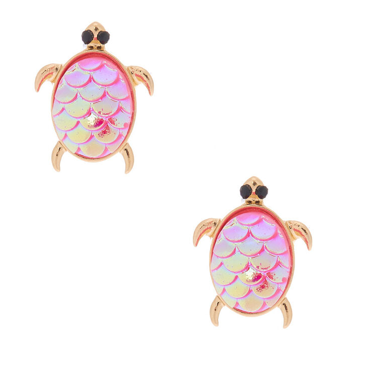 Holographic Turtle Stud Earrings - Pink,