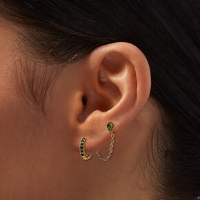 18k Yellow Gold Plated Emerald Hoop Connector Chain Teardrop Stud Earring Set - 5 Pack,