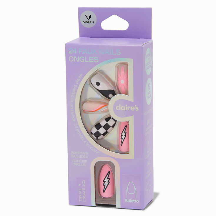 Check, Lightning Bolt &amp; Yin Yang Stiletto Vegan Faux Nail Set - 24 Pack,