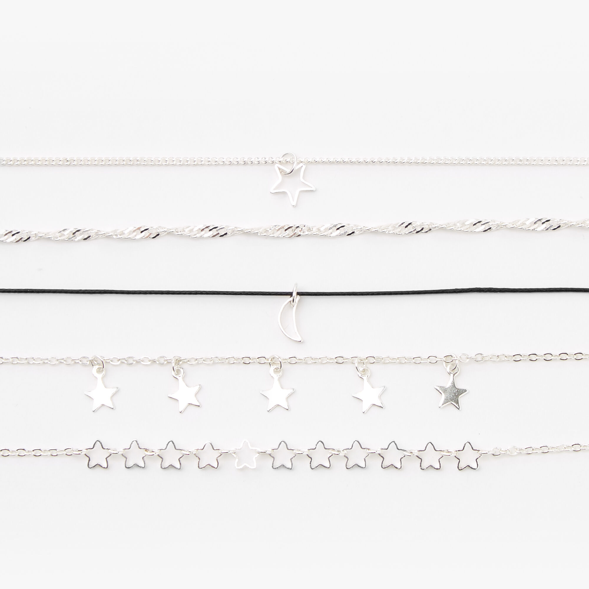 Silver Stars & Moon Chain Bracelets - 5 Pack,