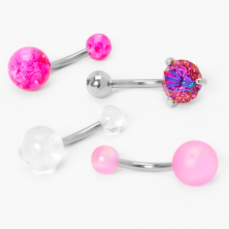 Piercings de nombril pierre aux designs vari&eacute;s 1,6&nbsp;mm couleur argent&eacute;e - Rose, lot de 4,