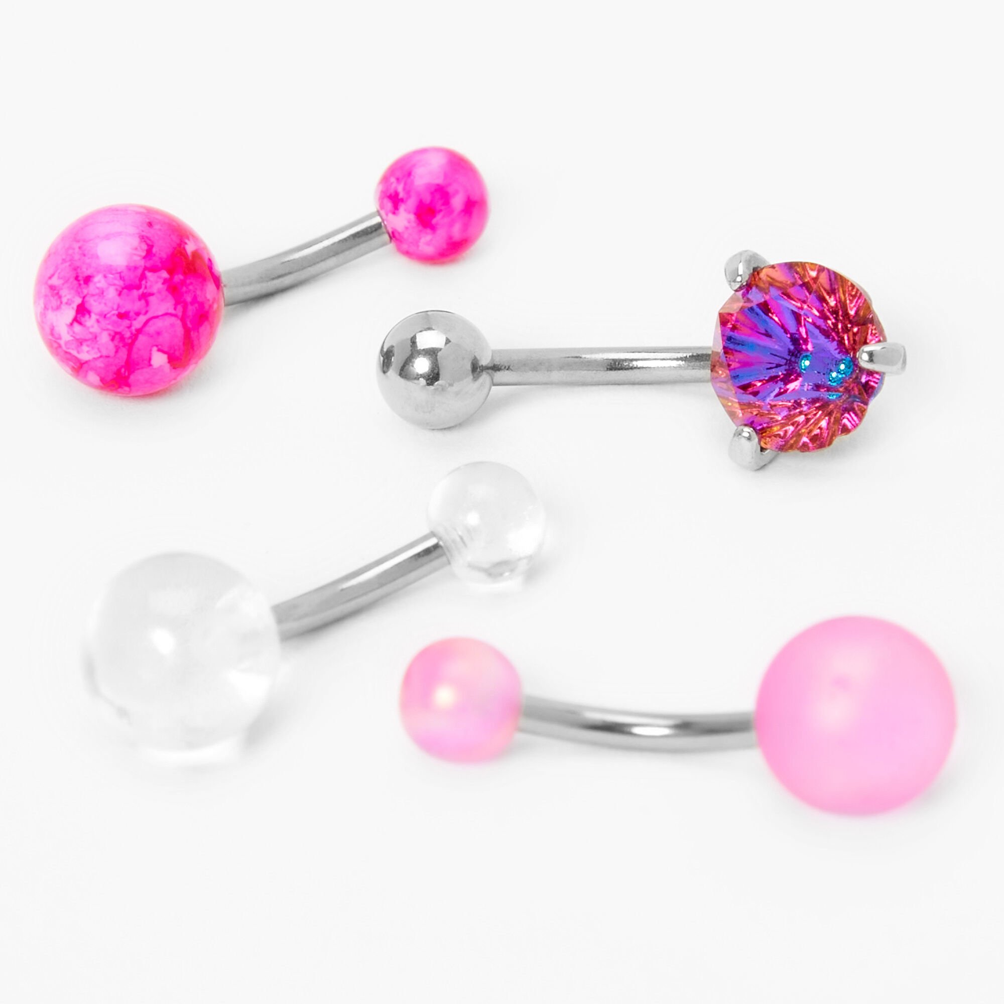 View Claires SilverTone 14G Mixed Stone Belly Rings 4 Pack Pink information
