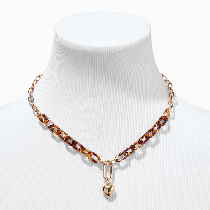 Tortoiseshell Chainlink Gold-tone Heart Carabiner Pendant Necklace,
