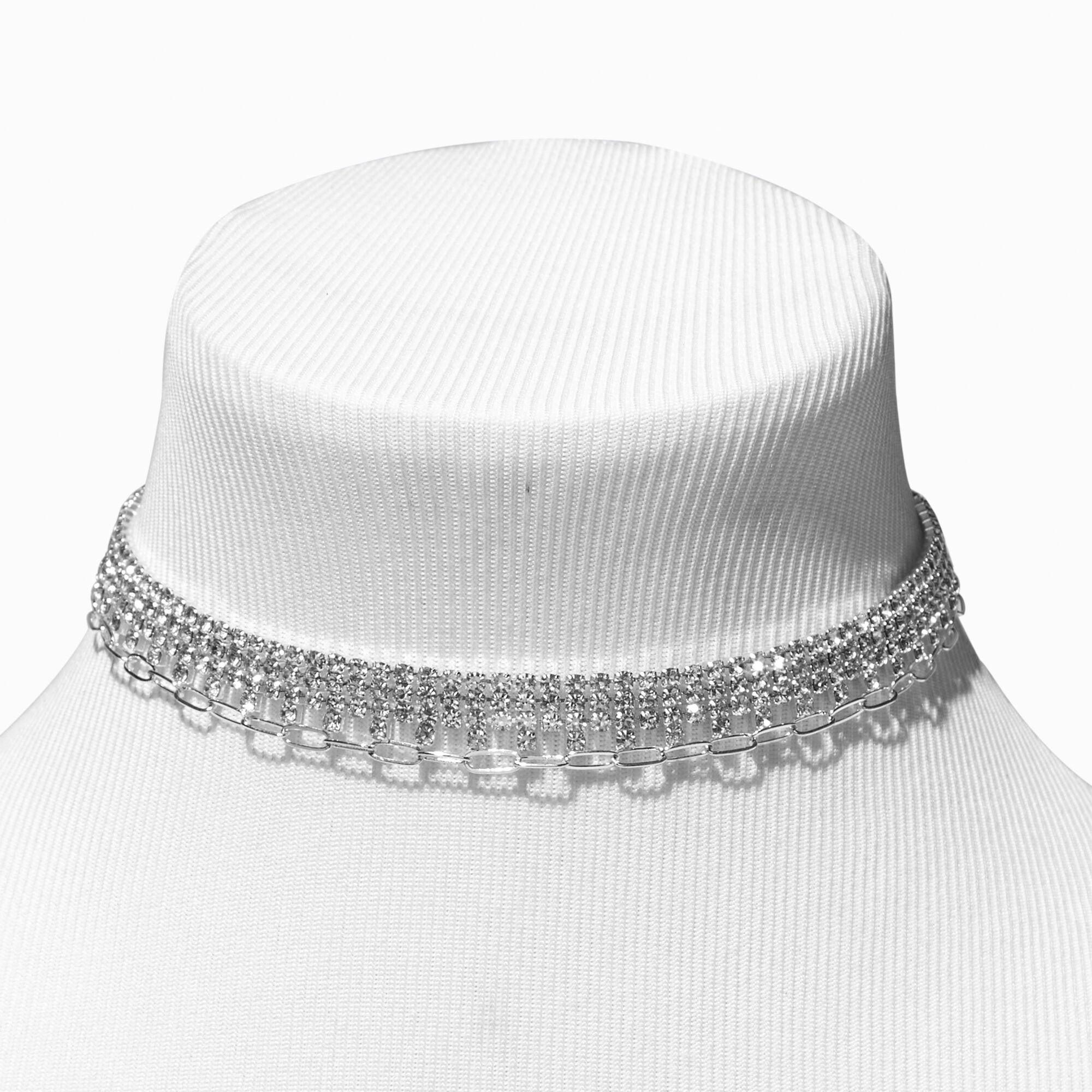 View Claires Tone Rhinestone Choker Necklaces 3 Pack Silver information