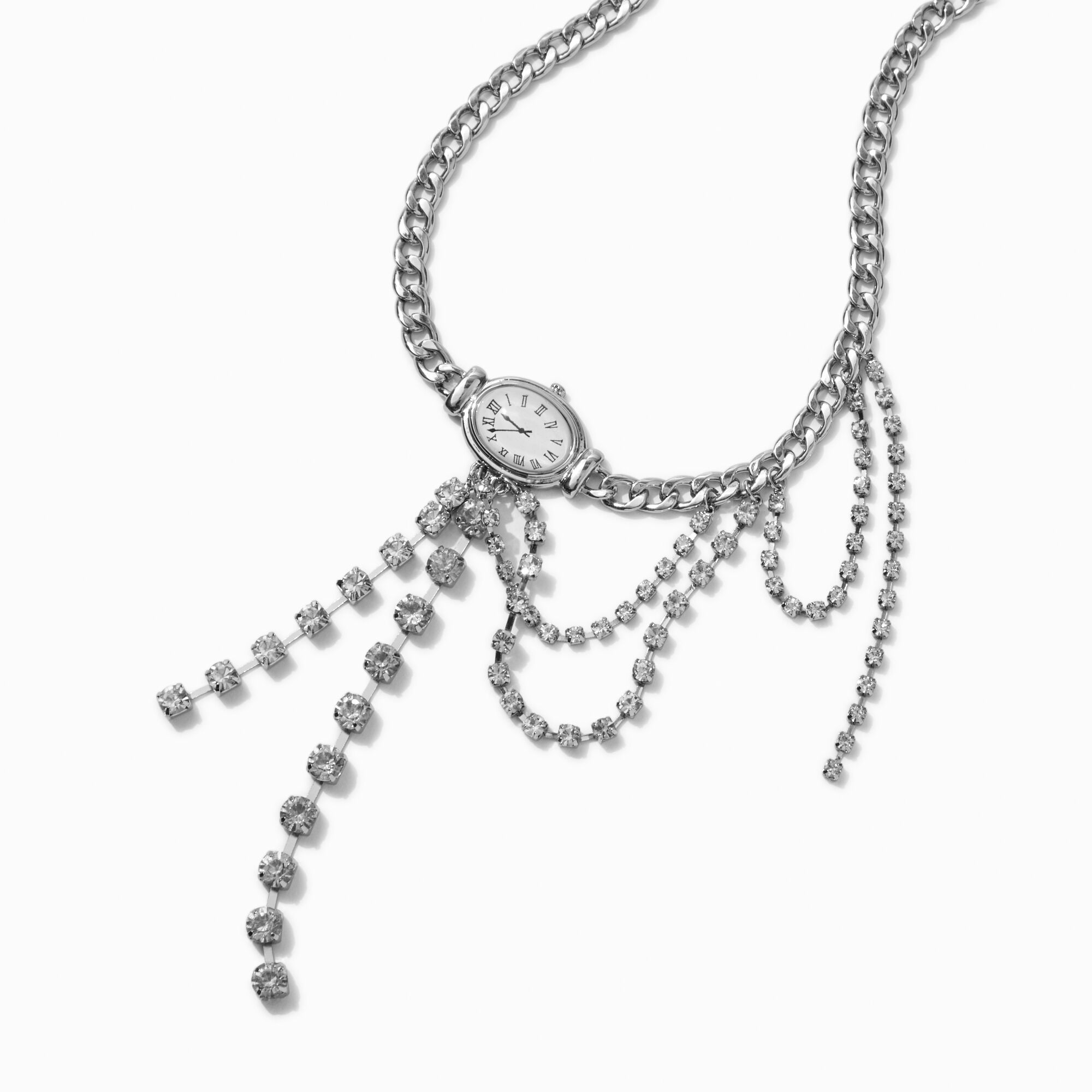 Silver-tone Crystal Cup Chain Watch Pendant Necklace,