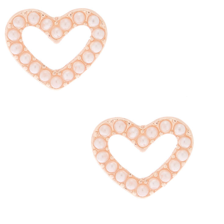 Rose Gold Pearl Heart Stud Earrings,