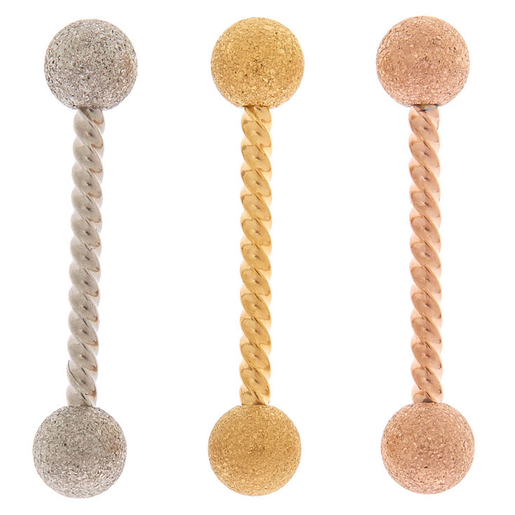 Mixed Metal 14G Twisted Barbell Tongue Rings - 3 Pack,