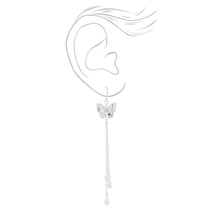 Silver 3.5&quot; Filigree Butterfly Linear Drop Earrings,