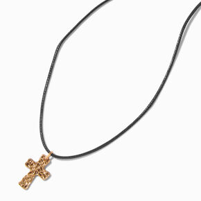 Collier &agrave; pendentif cordelette noire croix textur&eacute;e couleur dor&eacute;e,