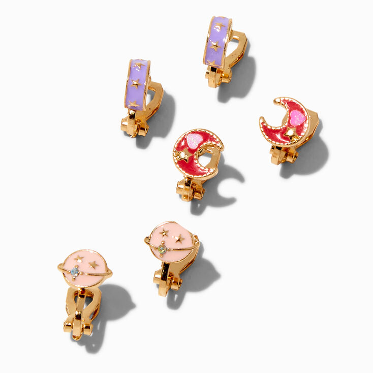 Boucles d&rsquo;oreilles &agrave; clip anneaux plan&egrave;te, lune, c&eacute;leste - Lot de 3,