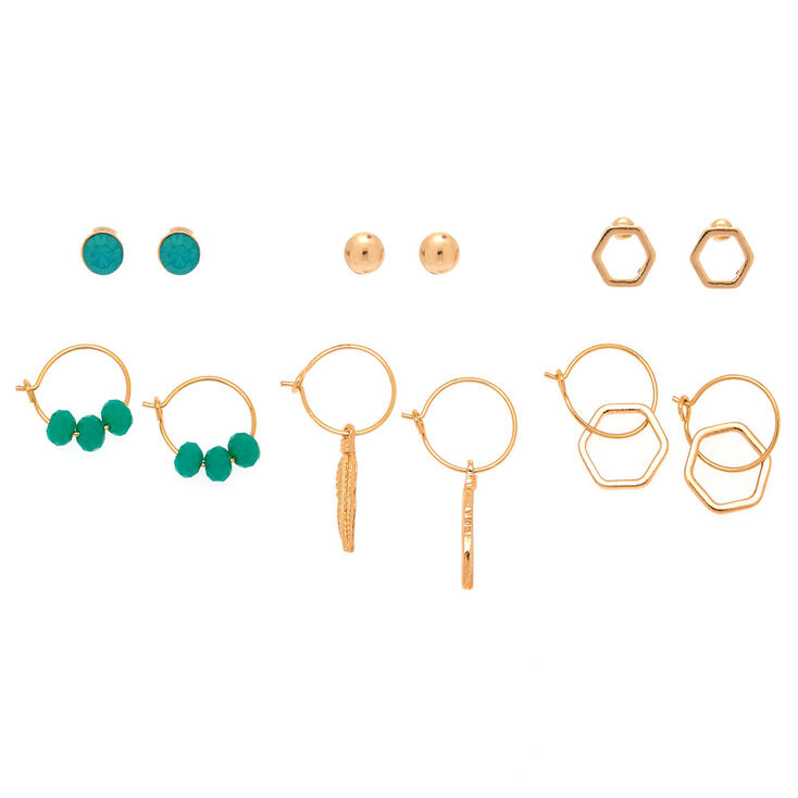 Gold Bead Mixed Earrings - Turquoise, 6 Pack,