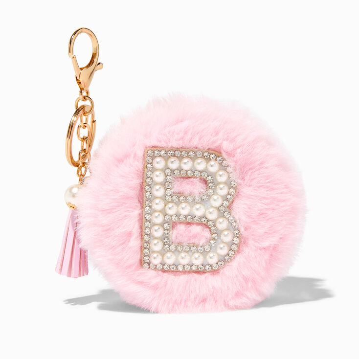 Pink Furry Pearl Initial Coin Purse Keychain - B,
