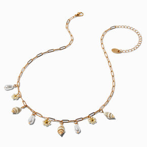 Gold-tone Shell &amp; Pearl Charm Necklace ,