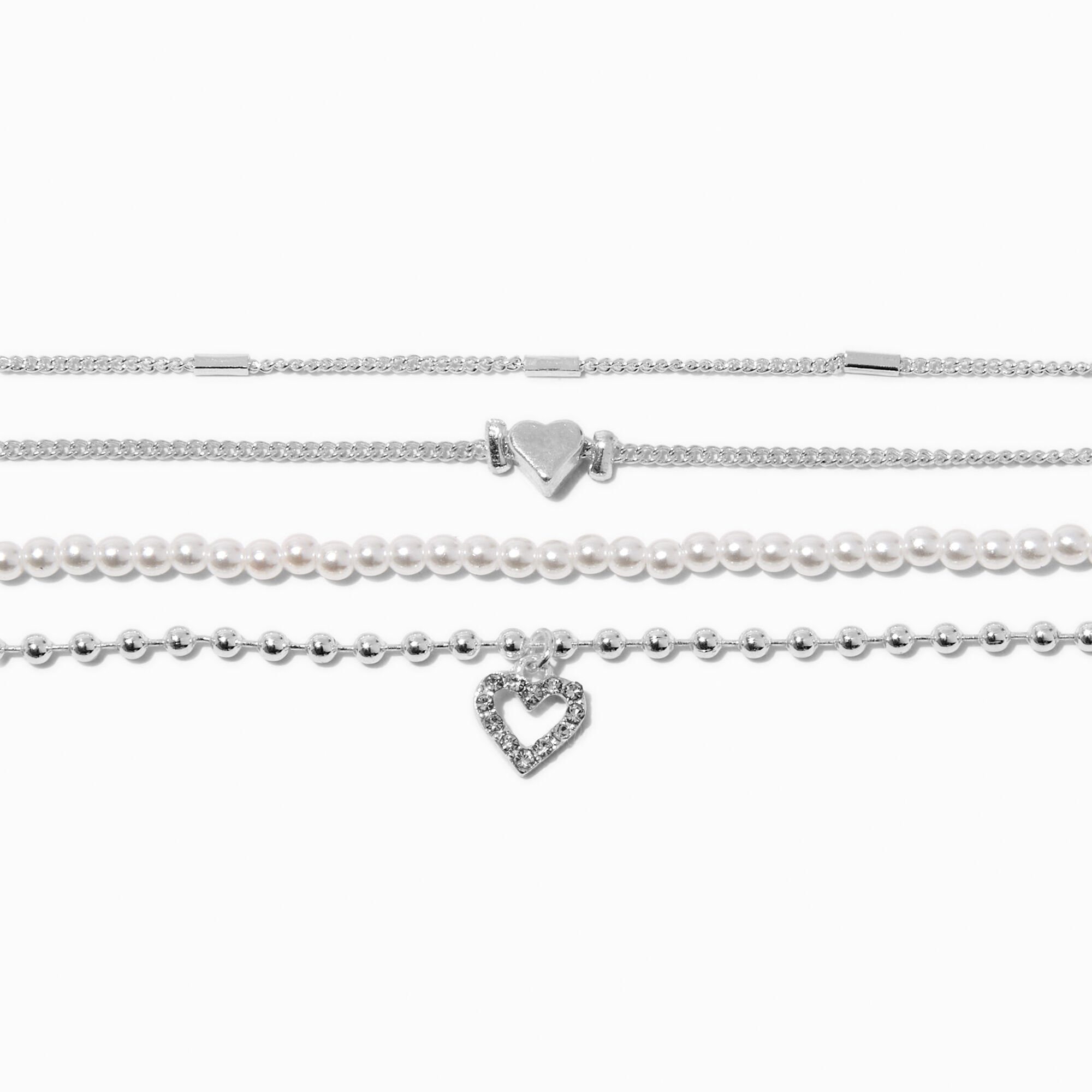 Silver-tone Heart & Pearl Chain Bracelets - 4 Pack ,
