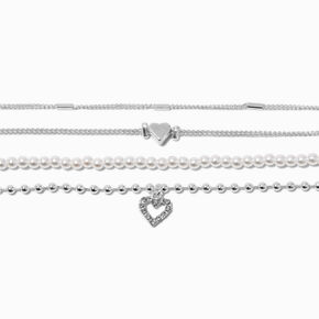 Silver-tone Heart &amp; Pearl Chain Bracelets - 4 Pack ,