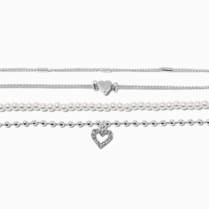 Silver-tone Heart &amp; Pearl Chain Bracelets - 4 Pack ,