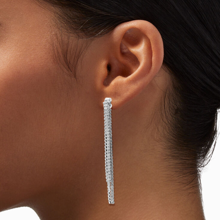 Pendantes 8&nbsp;cm cha&icirc;nes frang&eacute;es de strass couleur argent&eacute;e,