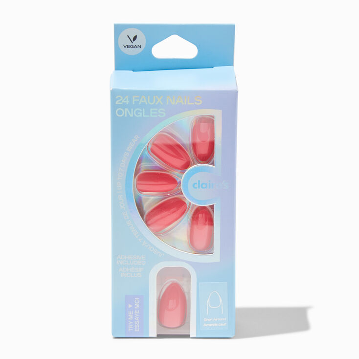 Coral Pink Glossy Short Almond Vegan Faux Nail Set - 24 Pack,