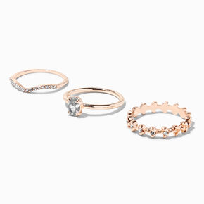 Rose Gold-tone Cubic Zirconia Geometric Rings - 3 Pack,