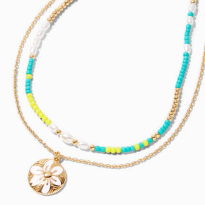 Gold Tropical Flower Multi Strand Necklace,