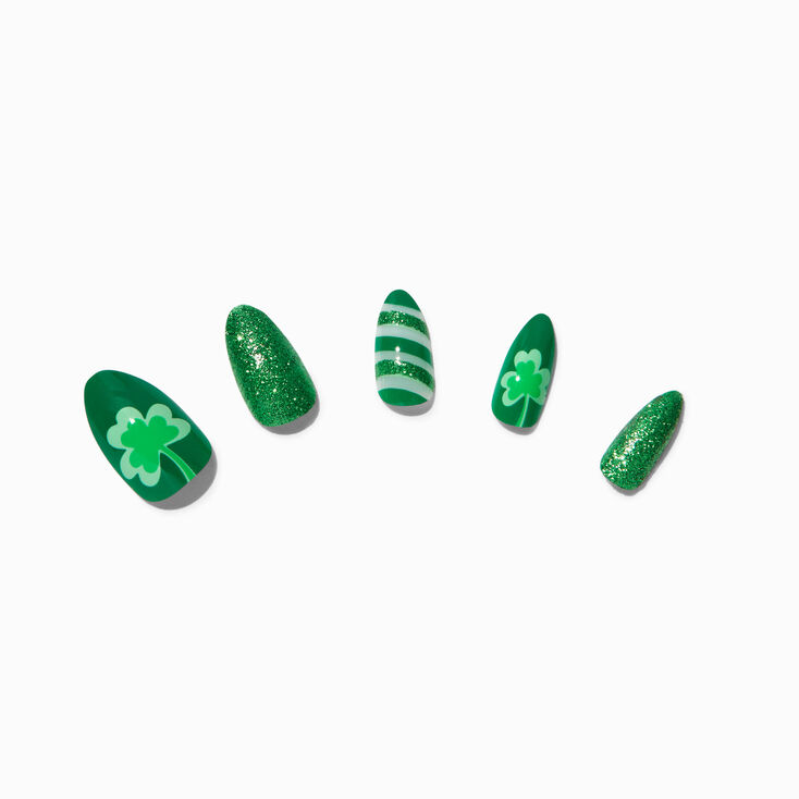 St. Patrick&#39;s Day Shamrocks Stiletto Press On Faux Nail Set - 24 Pack,