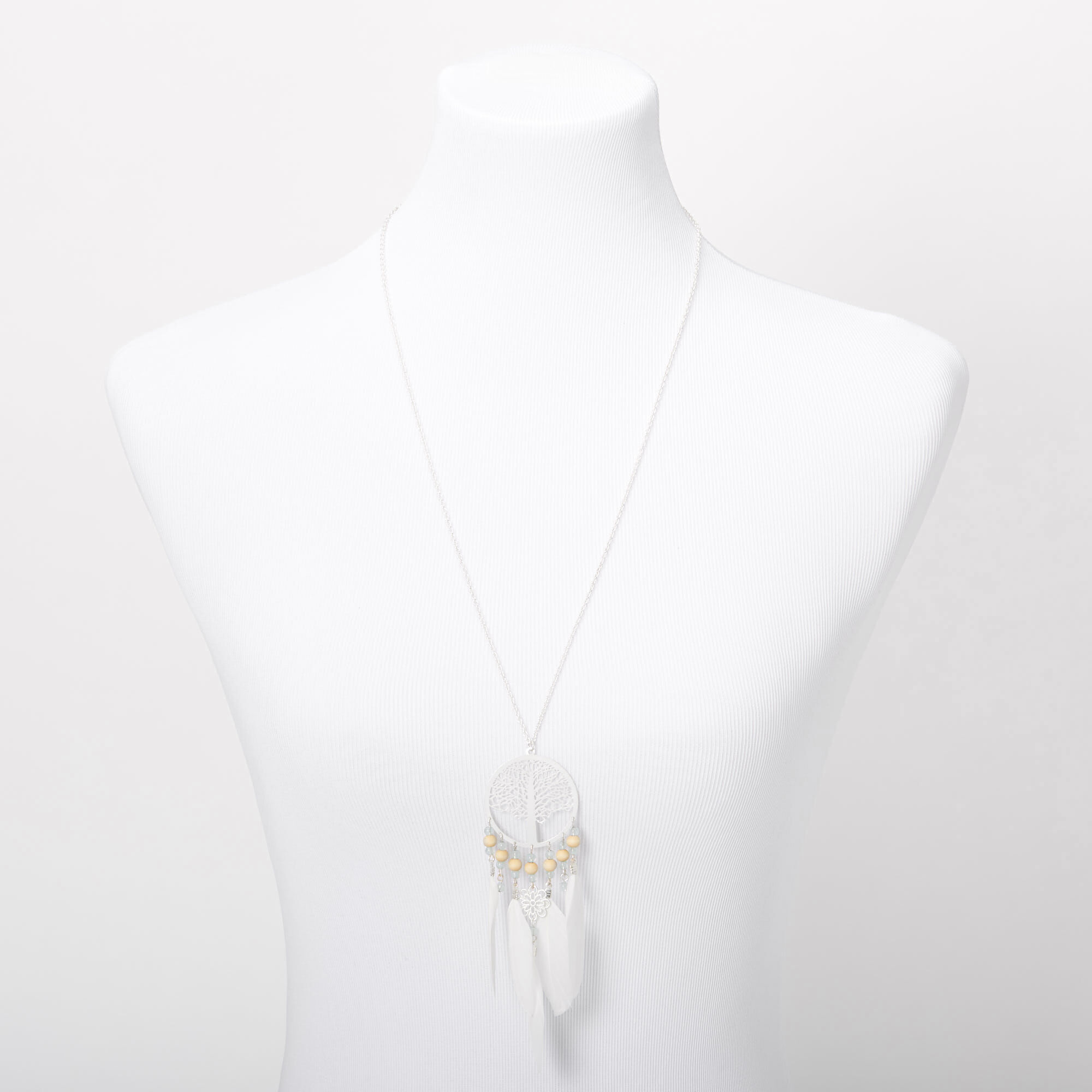 Silver Tree Of Life Beaded Feather Long Pendant Necklace - White,