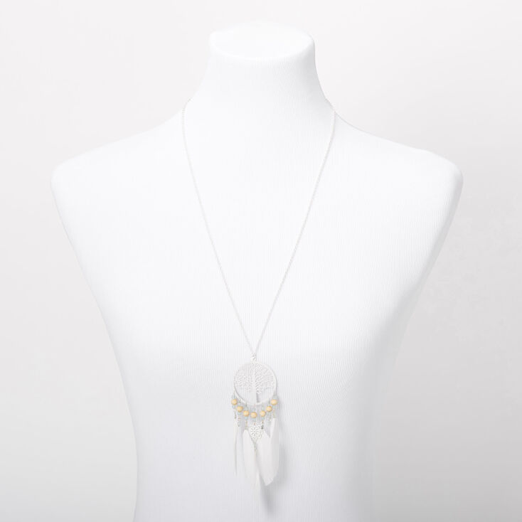 Silver Tree Of Life Beaded Feather Long Pendant Necklace - White,