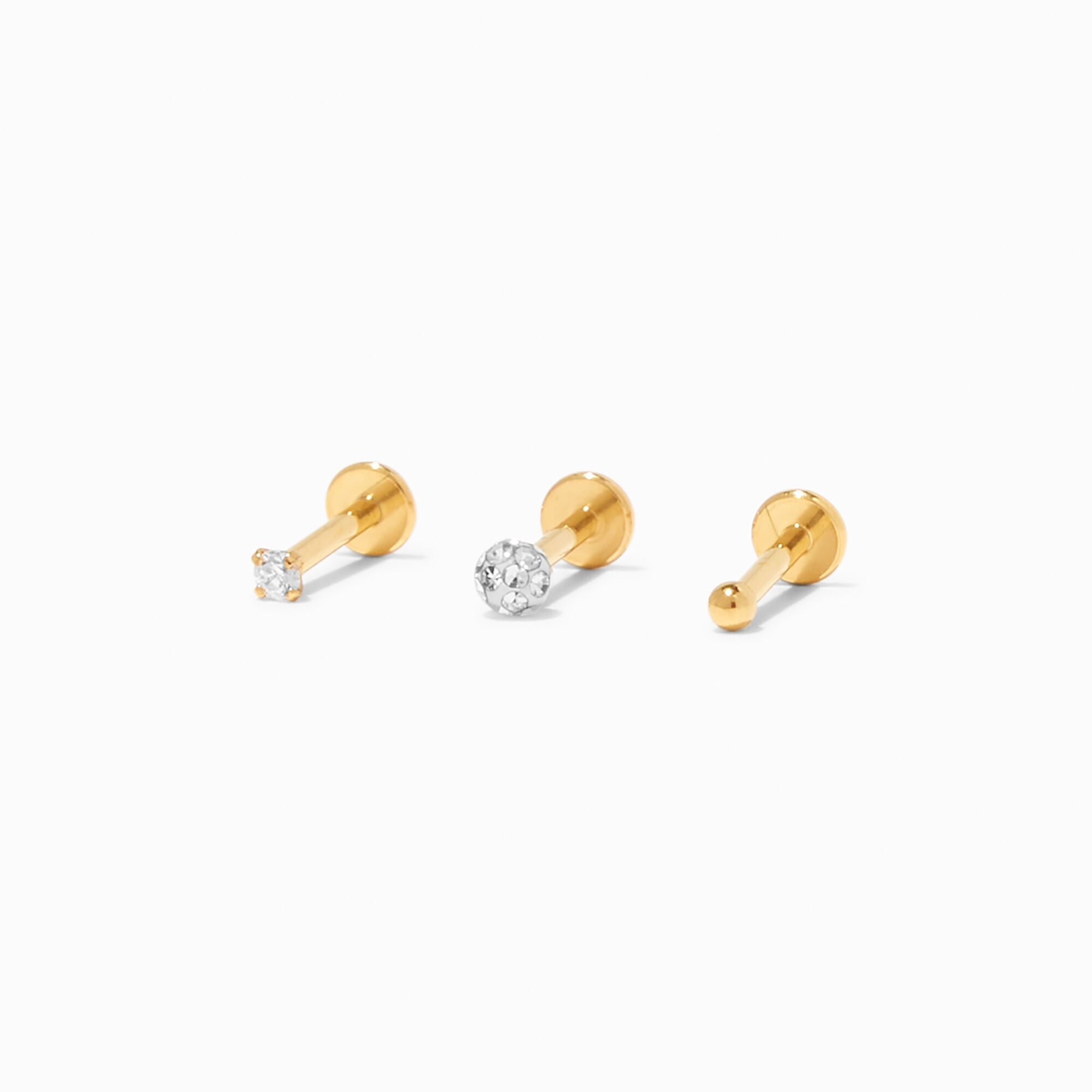 View Claires Tone 16G Crystal Fireball Labret Lip Studs 3 Pack Gold information