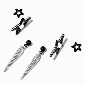 Boucles d&rsquo;oreilles superposables pointes et &eacute;toiles noires - Lot de 3,