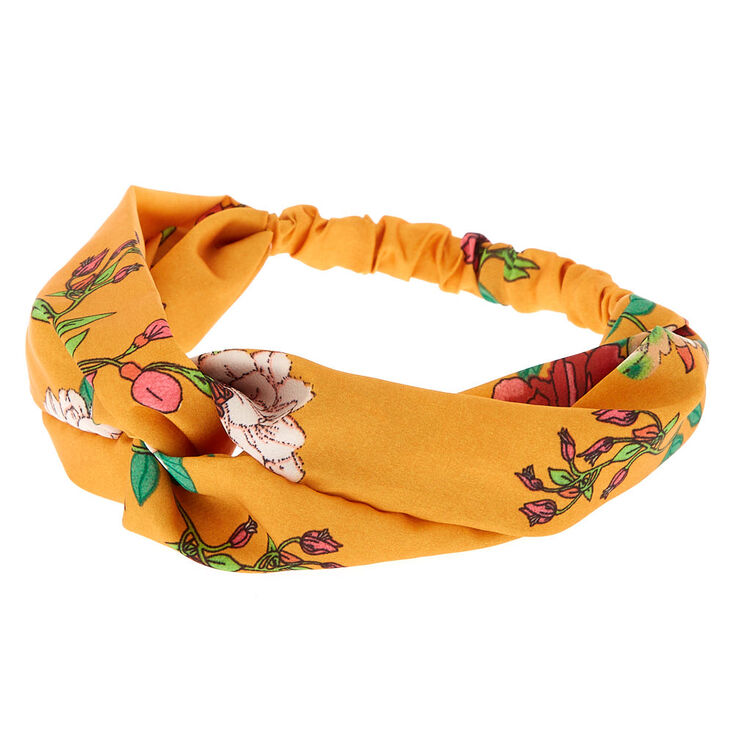 Bandeau en forme de turban floral couleur moutarde,