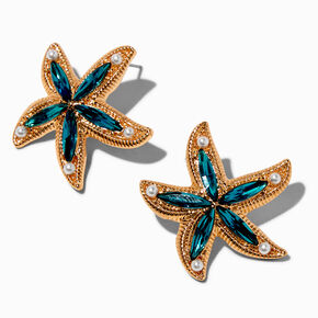 Gold-tone Blue Gem Starfish Stud Earrings ,