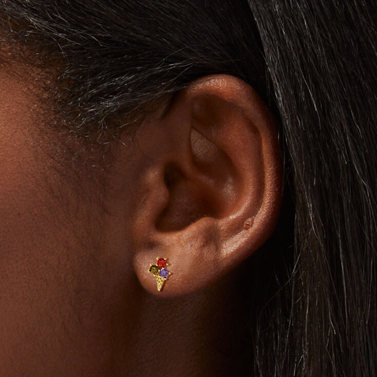 Gold-tone Sterling Silver Cubic Zirconia Ice Cream Cone Stud Earrings,