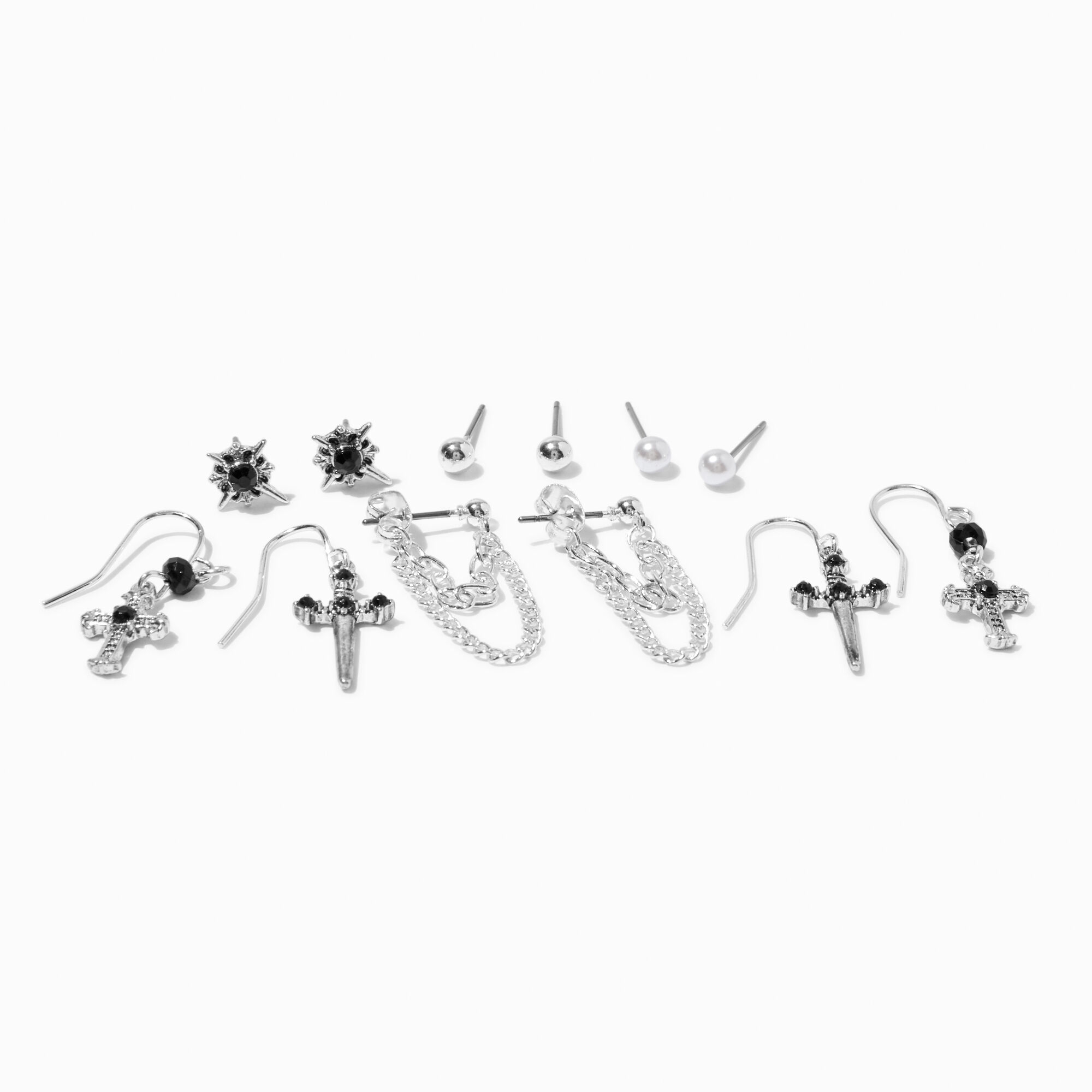 Silver-tone Cross Mixed Earring Stackables Set - 6 Pack,