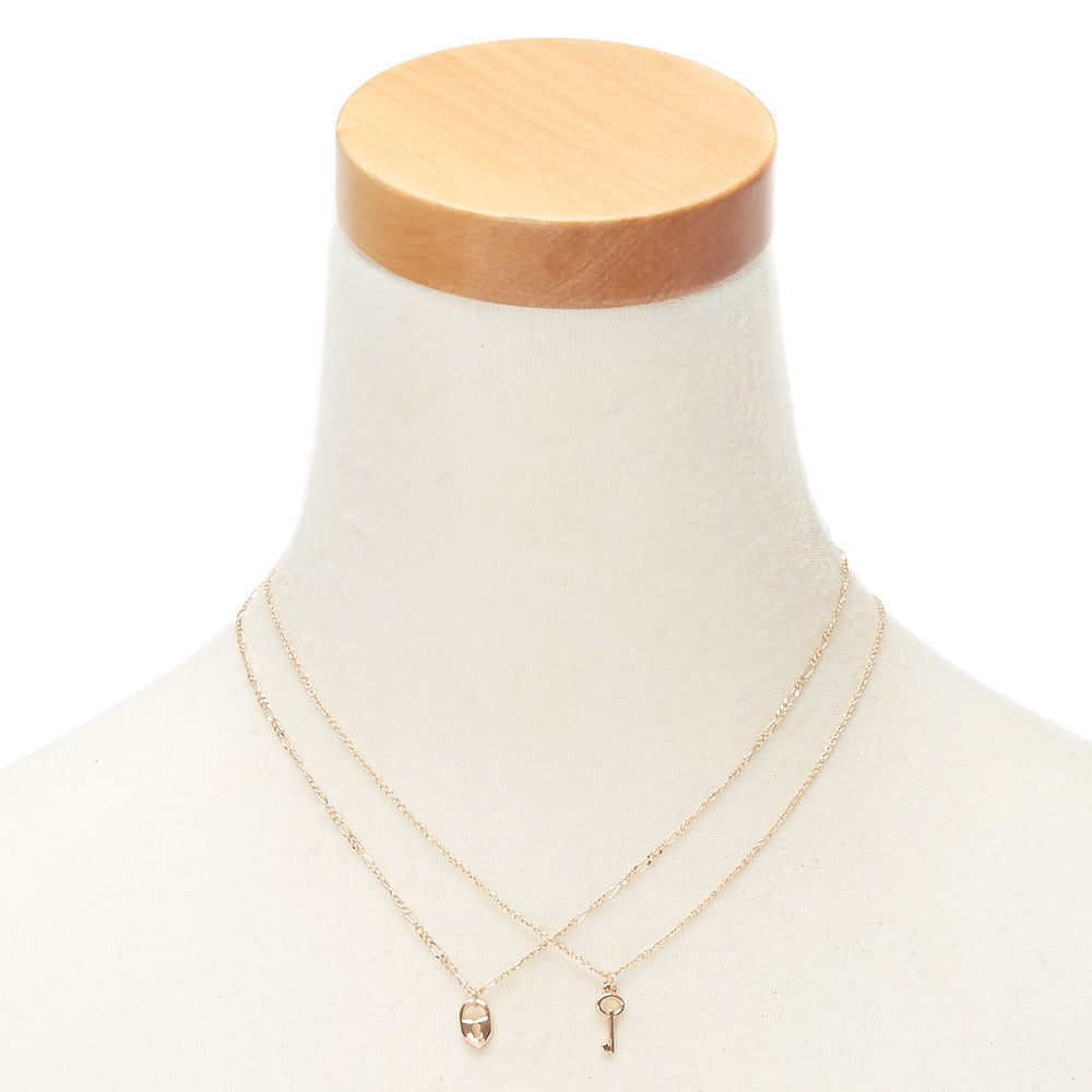 Heart Lock and Key Multi Strand Necklace - Gold,