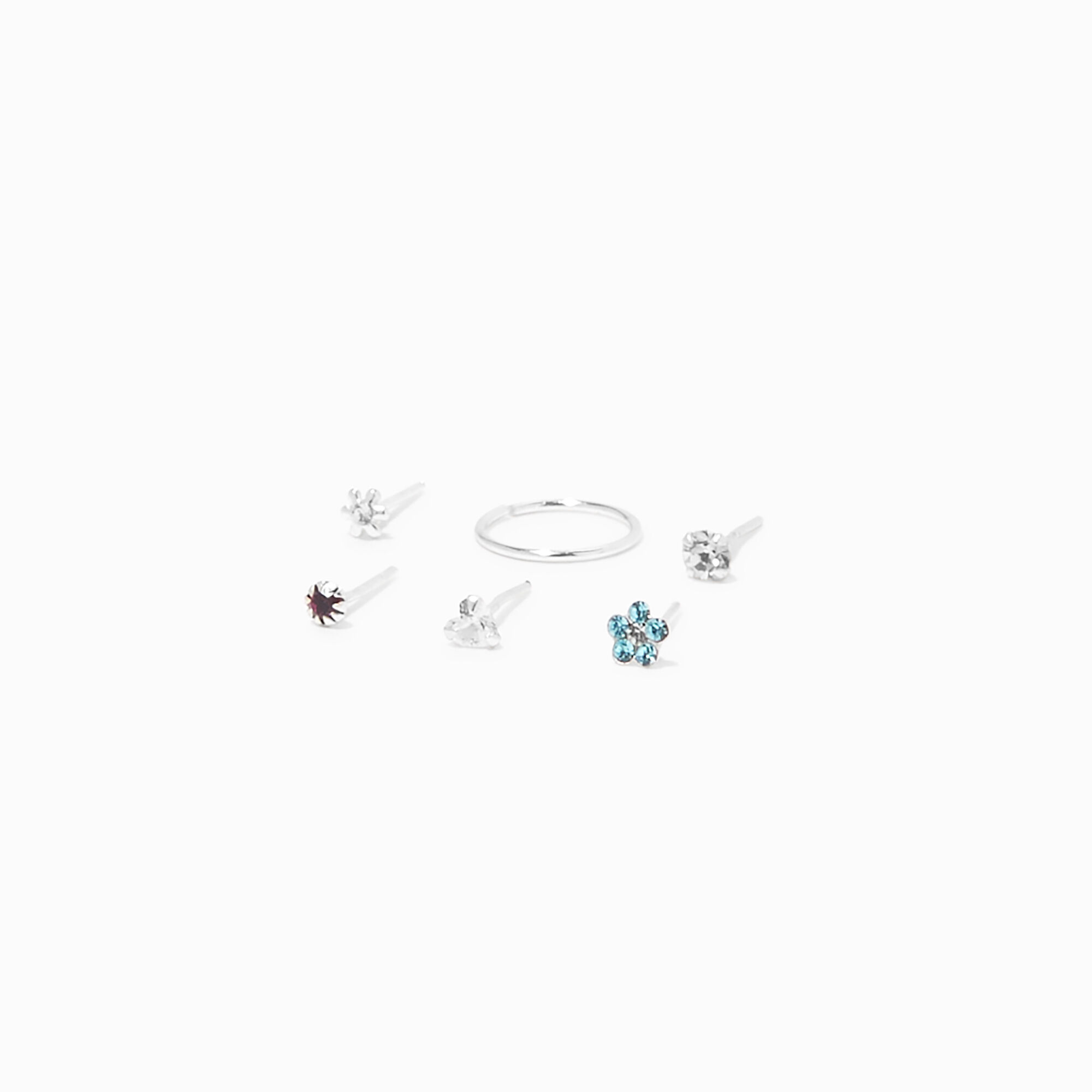 View Claires 22G Daisy Heart Mixed Nose Studs 6 Pack Silver information