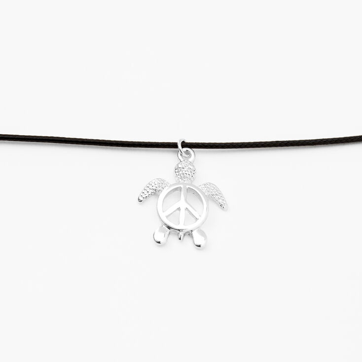 Silver Peace Turtle Charm Black Cord Choker Necklace,