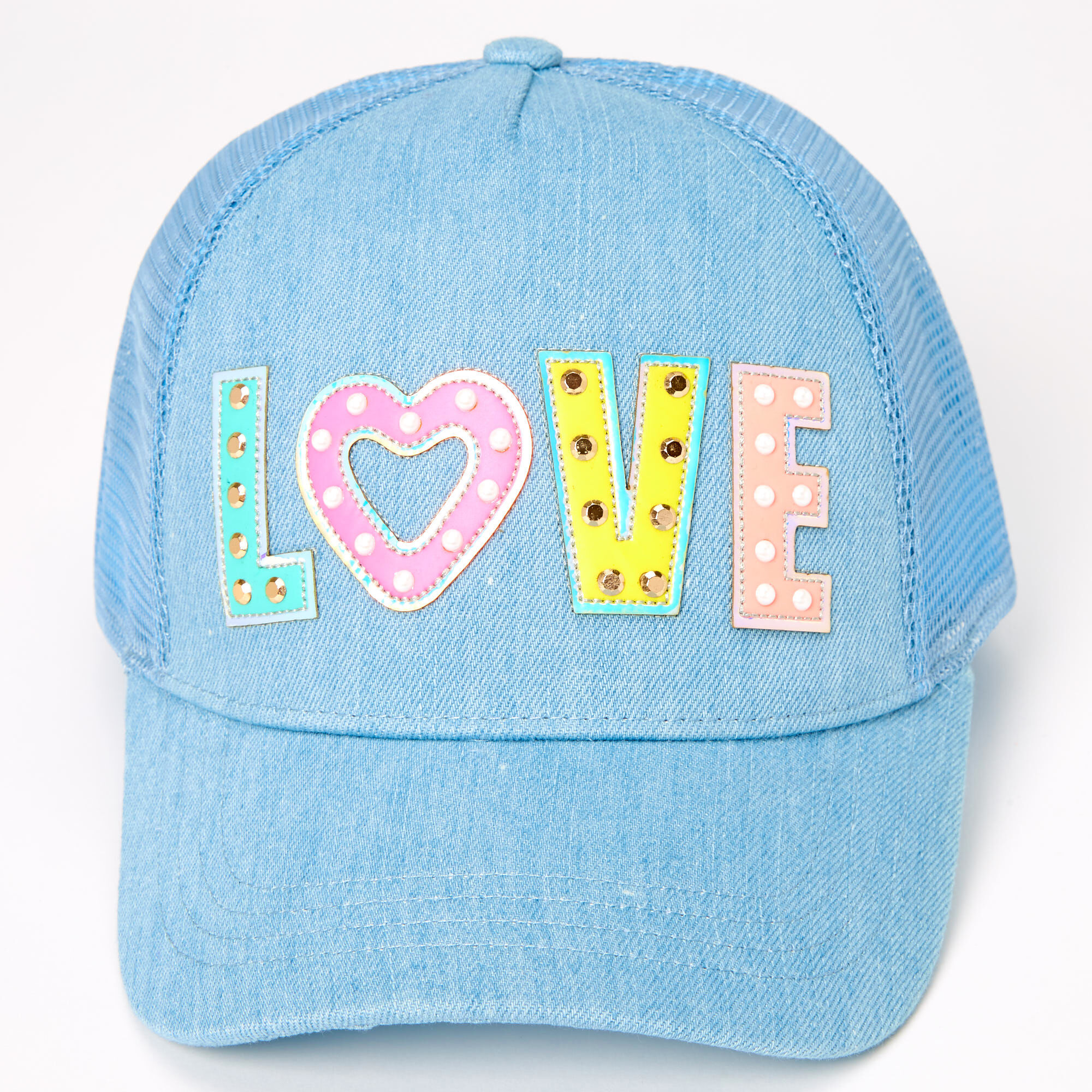 Love Studded Denim Trucker Hat Blue Love Studded Denim Trucker Hat Blue