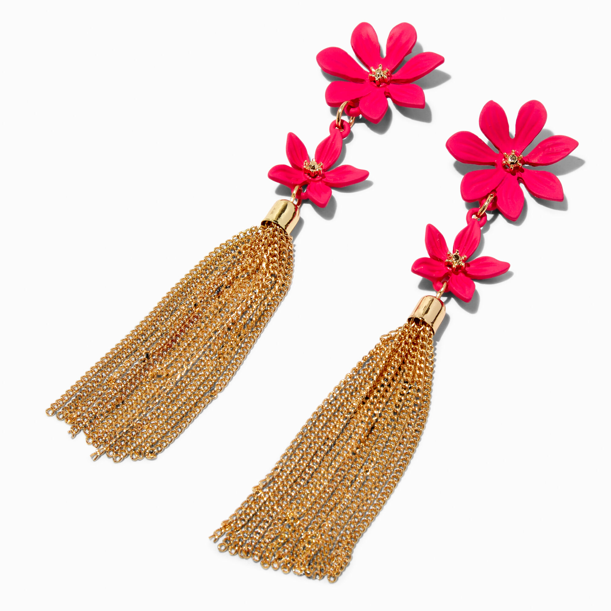 View Claires GoldTone Fringe Coated Double Flower 4 Drop Earrings Pink information