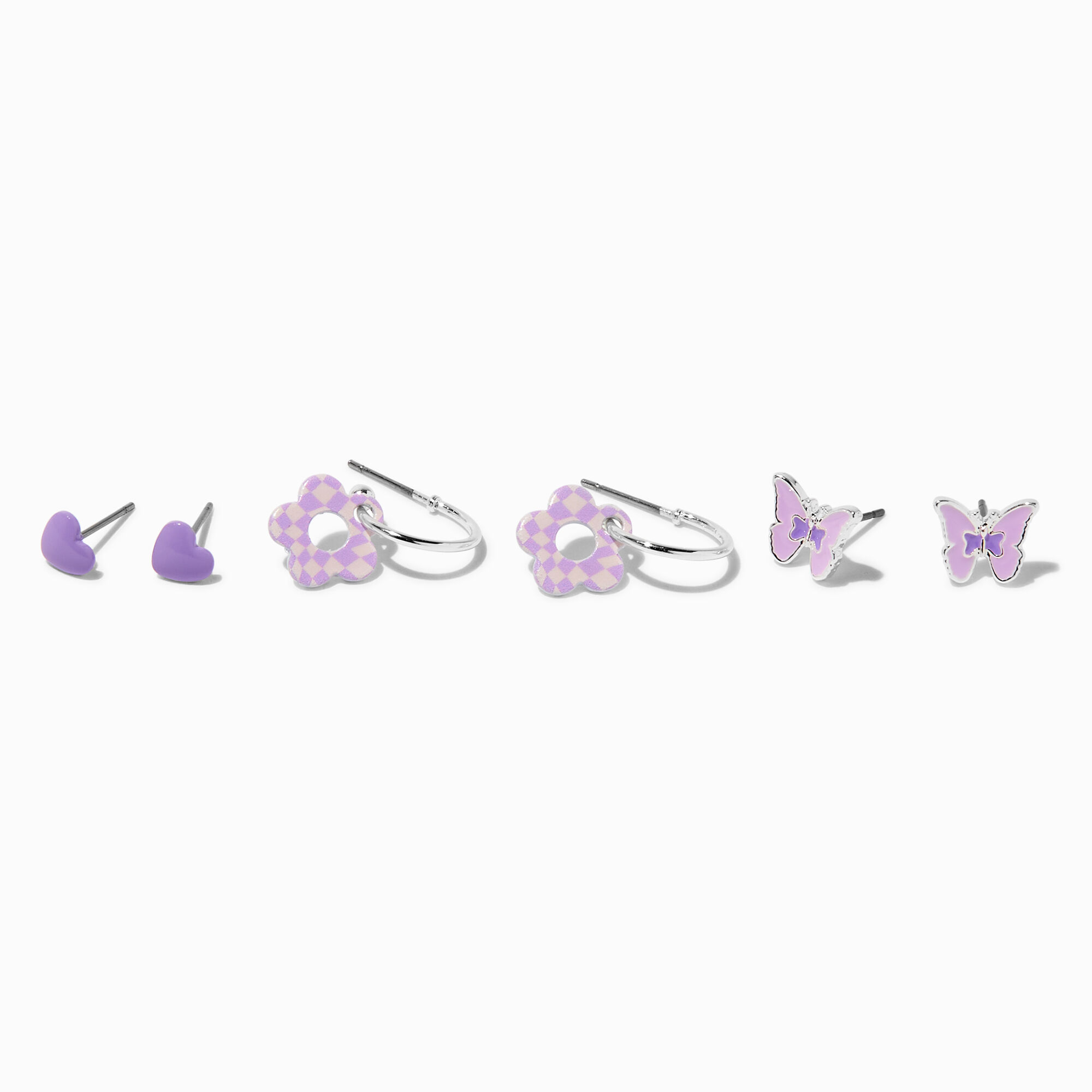 View Claires Butterflies Flowers Hearts Mixed Earring Set 3 Pack Purple information