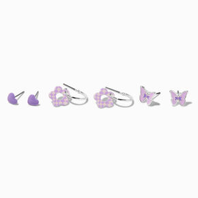 Boucles d&rsquo;oreilles vari&eacute;es papillons, fleurs et c&oelig;urs violets - Lot de 3,