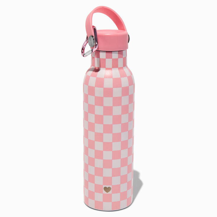 Pink Checkered Stainless Steel Water Bottle,