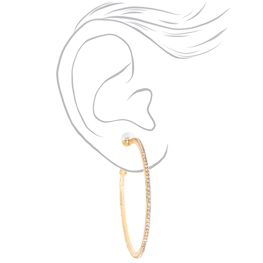 Gold 50MM Pearl & Glass Rhinestone Hoop Earrings,