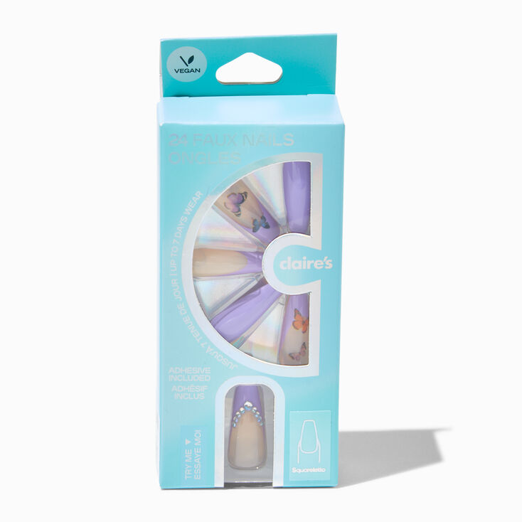 Purple Butterfly French Tip Bling Squareletto Vegan Faux Nail Set - 24 Pack,