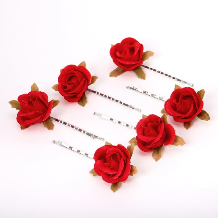 Ruby Red Rose Flower Hair Pins - 6 Pack,