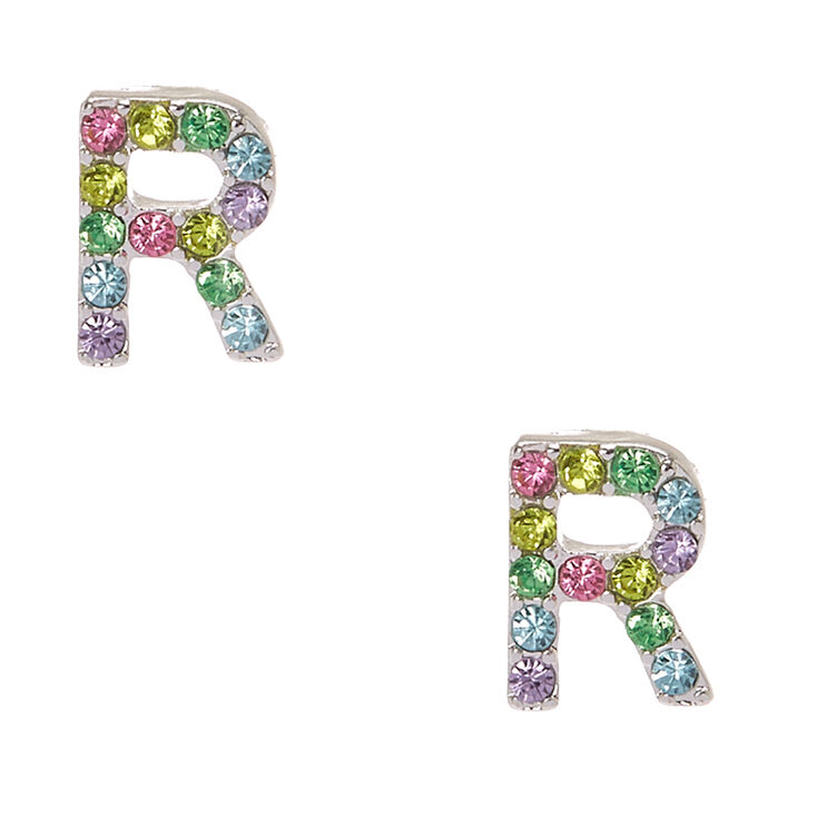 Silver-Tone Pastel R Initial Stud Earrings,