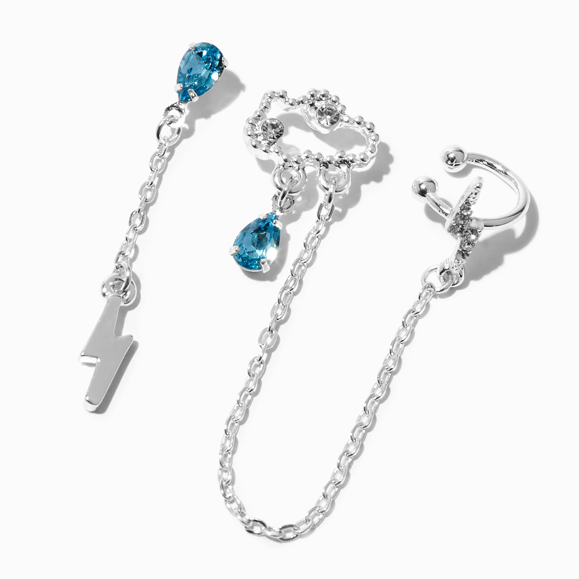 Silver Rain Cloud Blue Drop Ear Cuff Connector Chain Earrings
